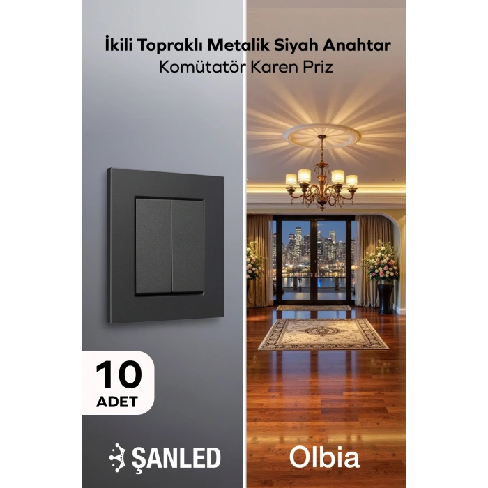 İkili Topraklı Metalik Siyah Anahtar Komütatör Karen Priz 10 Adet