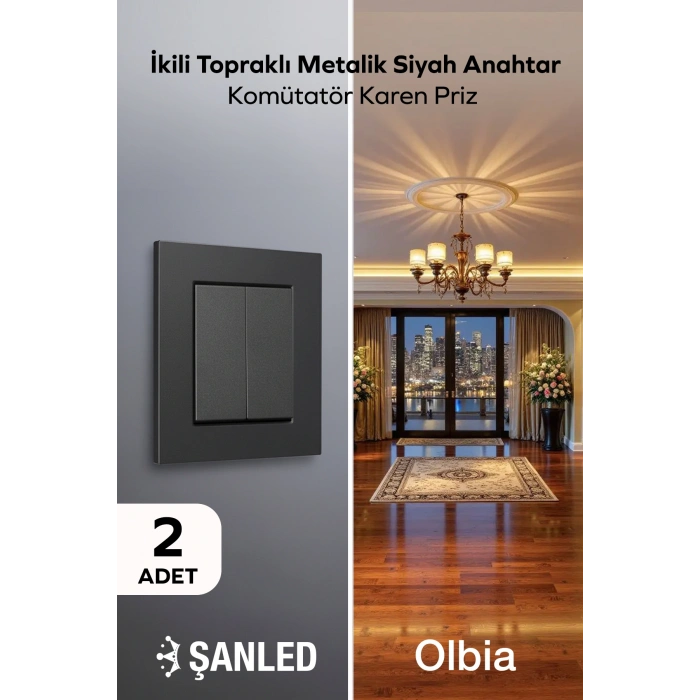 İkili Topraklı Metalik Siyah Anahtar Komütatör Karen Priz 2 Adet