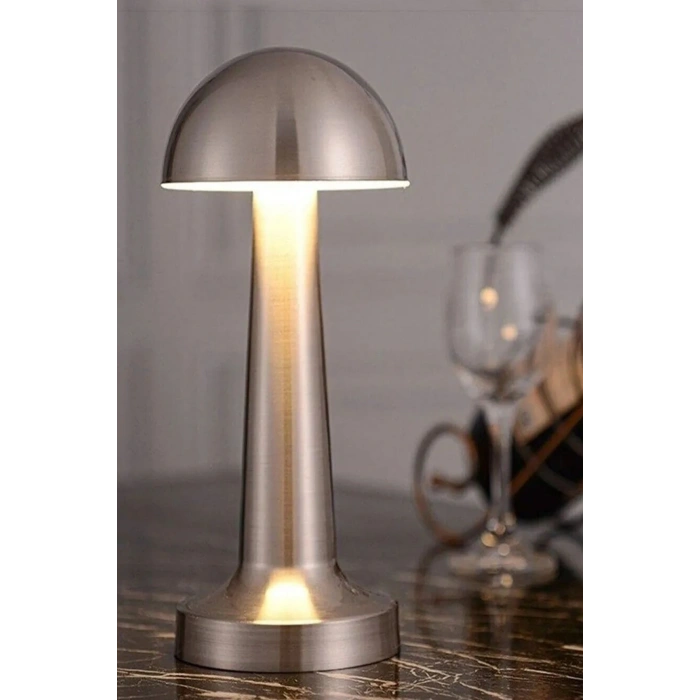 Krom Renk Şarjlı LED Masa Lambası Type-C Girişli Dokunmatik 3 Işık Modlu Gece Aydınlatması