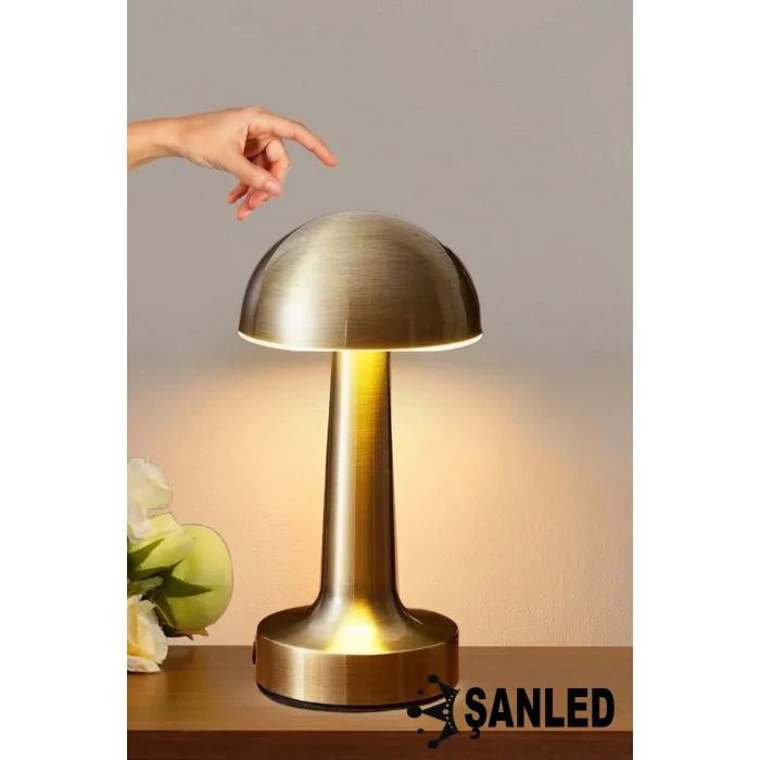 Krom Renk Şarjlı LED Masa Lambası Type-C Girişli Dokunmatik 3 Işık Modlu Gece Aydınlatması