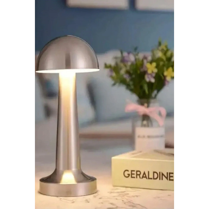 Krom Renk Şarjlı LED Masa Lambası Type-C Girişli Dokunmatik 3 Işık Modlu Gece Aydınlatması