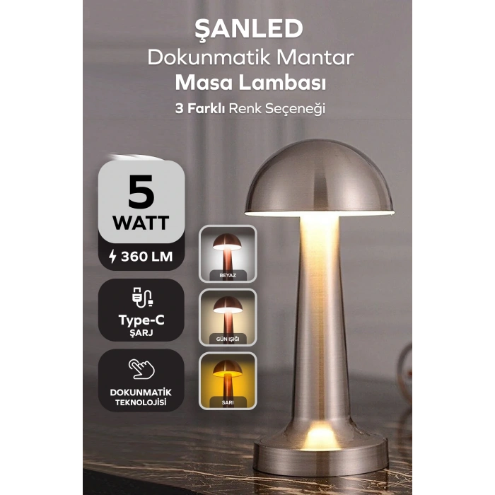 Krom Renk Şarjlı LED Masa Lambası Type-C Girişli Dokunmatik 3 Işık Modlu Gece Aydınlatması