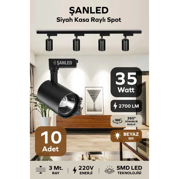 Led Siyah Kasa Beyaz Işık 35w Raylı Spot / 10 Adet 3 Metre Ray