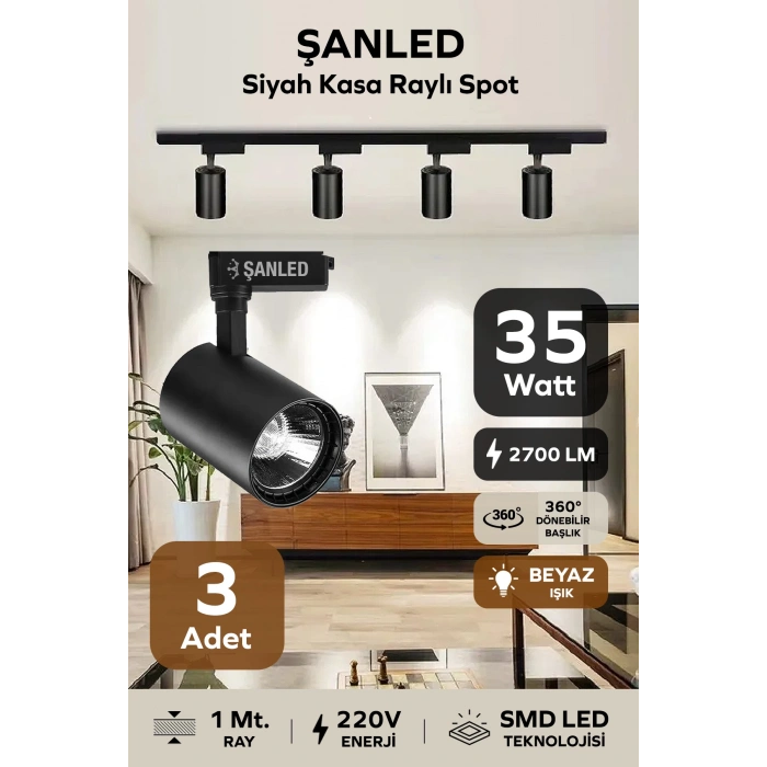 Led Siyah Kasa Beyaz Işık 35w Raylı Spot / 3 Adet 1 Metre Ray