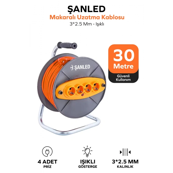 Makaralı 3x2,5 mm 4 Prizli Seyyar Kablo 30 Metre