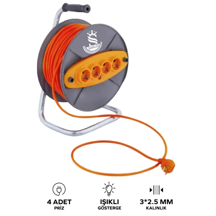 Makaralı 3x2,5 mm 4 Prizli Seyyar Kablo 50 Metre