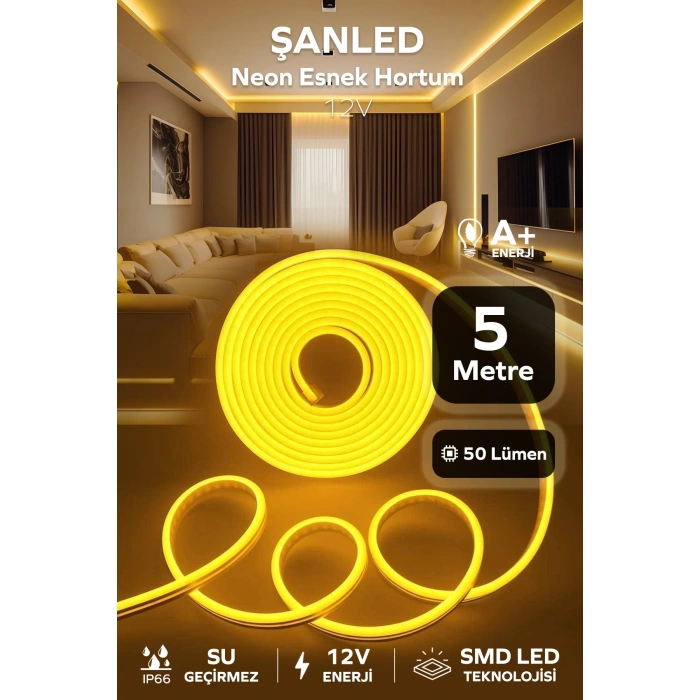 Neon 12 Volt Esnek Hortum led Amber 5 Metre