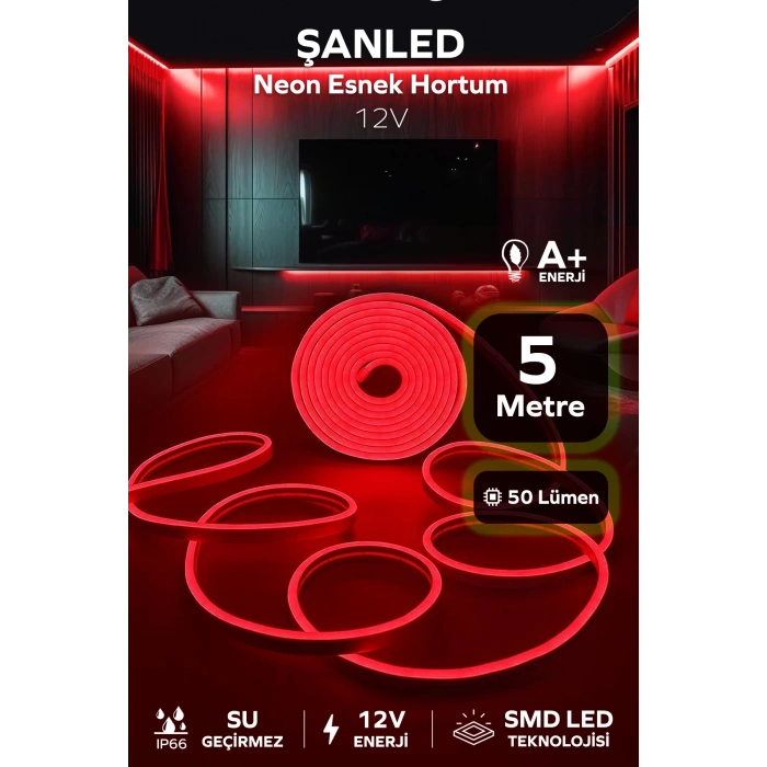 Neon 12 Volt Esnek Hortum led Kırmızı 5 Metre