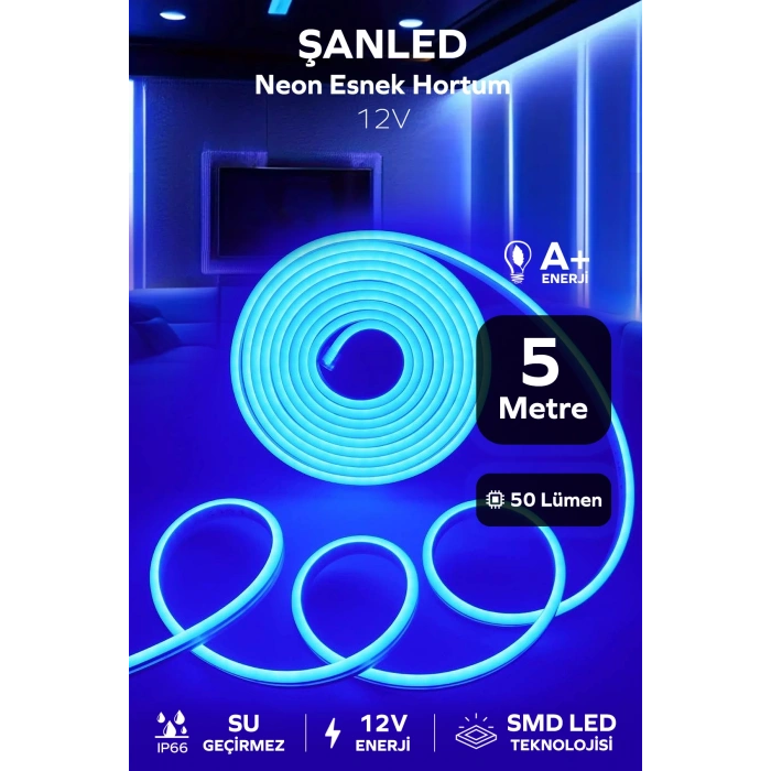 Neon 12 Volt Esnek Hortum led Mavi 5 Metre