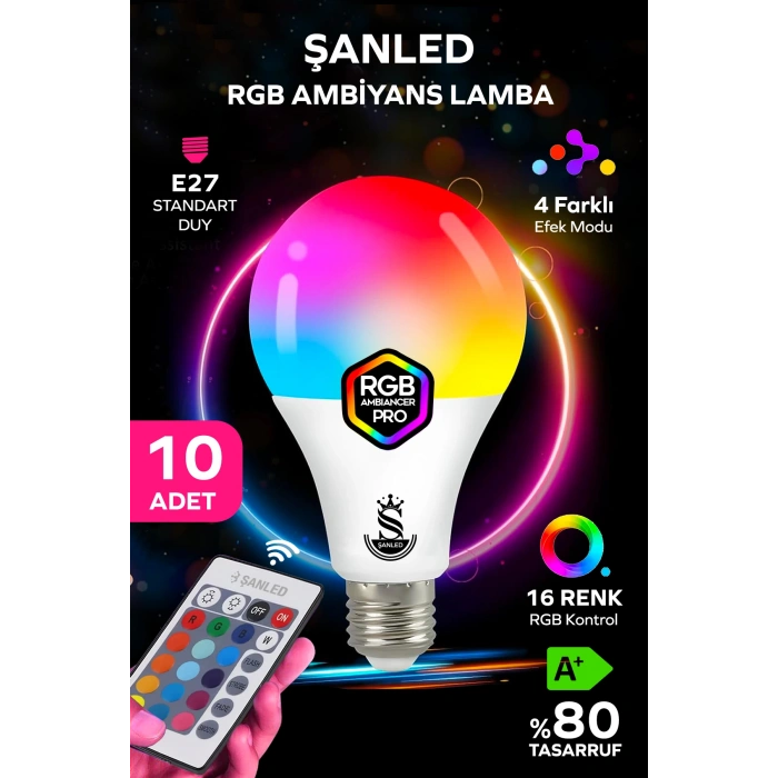 Rgb Led Lamba ampül Kumandalı Ambiyans Aydınlatma Tasarruflu Renk Değiştiren Led Işık 10 Adet