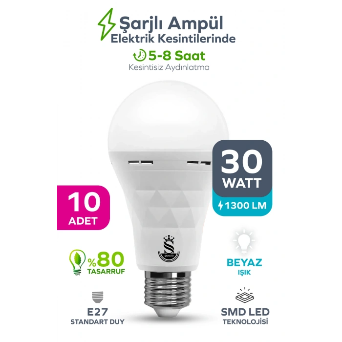 Şarjlı Akülü 30w Beyaz Işık Led Ampul 10 Adet