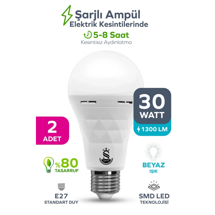 Şarjlı Akülü 30w Beyaz Işık Led Ampul 2 Adet