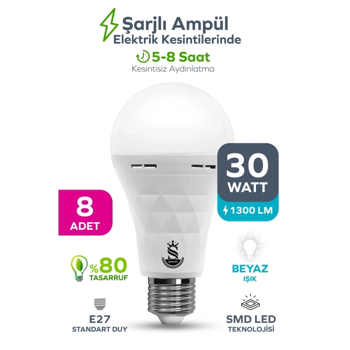Şarjlı Akülü 30w Beyaz Işık Led Ampul 8 Adet