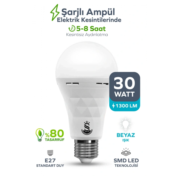 Şarjlı Akülü 30w Beyaz Işık Led Ampul 1 Adet