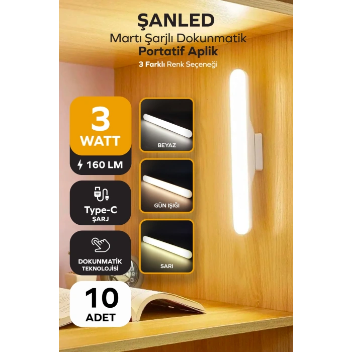 Şarjlı Mıknatıslı Işık Micro Usb Kablosuz Led 3 Farklı Işık Martı Aplik 10 Adet