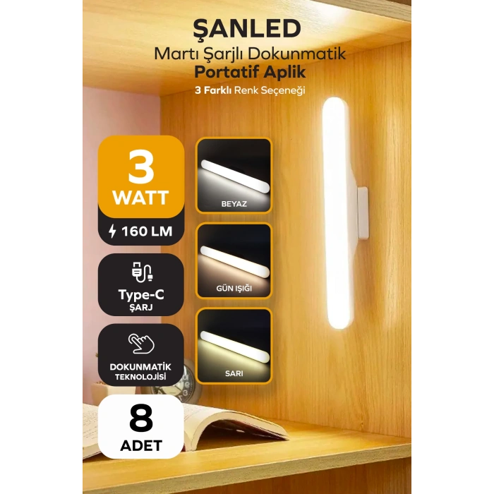 Şarjlı Mıknatıslı Işık Micro Usb Kablosuz Led 3 Farklı Işık Martı Aplik 8 Adet