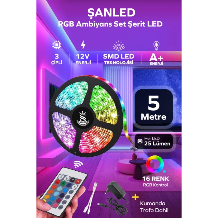 Şerit Led 5 Metre Animasyonlu Tak Çalıştır Kumandalı Trafolu Rgb Şerit Işık Aydınlatma Parti Led