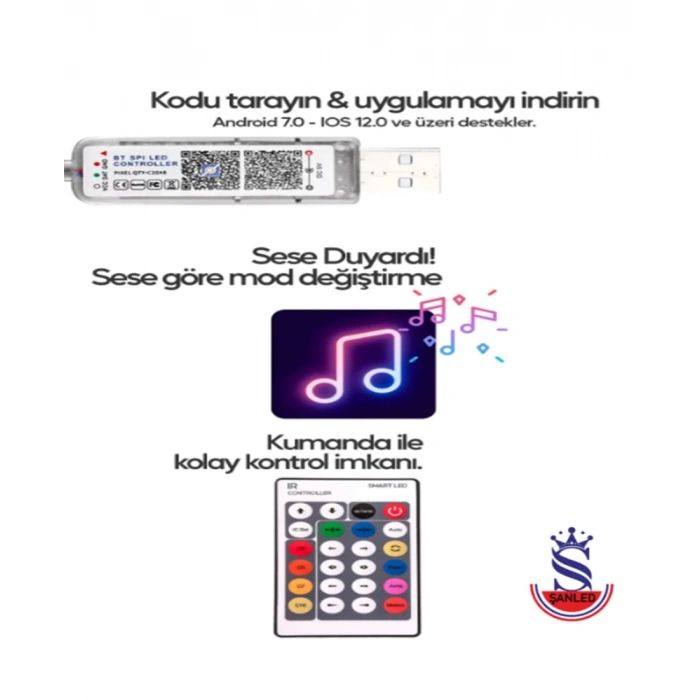 Sese Ve Müziğe Duyarlı Bluetooth Özellikli Rgb Şerit Led - 10 Metre 5050 Smd Iç Mekan 3 Çip