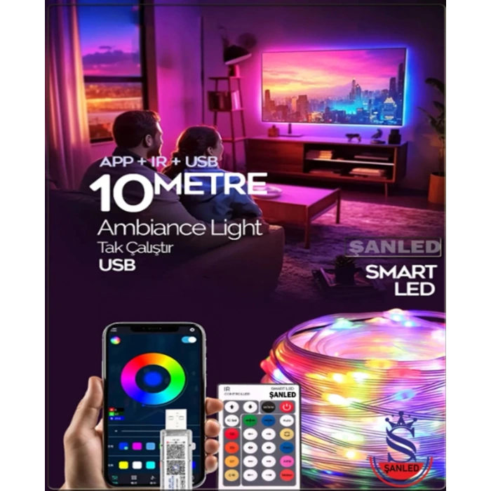 Sese Ve Müziğe Duyarlı Bluetooth Özellikli Rgb Şerit Led - 10 Metre 5050 Smd Iç Mekan 3 Çip