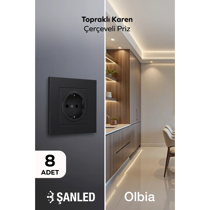 Siyah Topraklı Karen Çerçeveli Priz 8 Adet