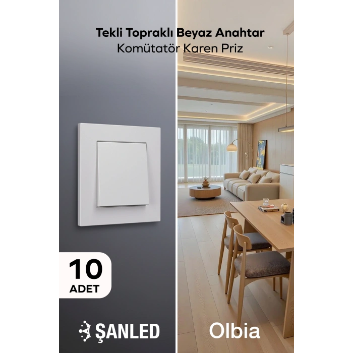 Tekli Topraklı Beyaz Anahtar Komütatör Karen Priz 10 Adet