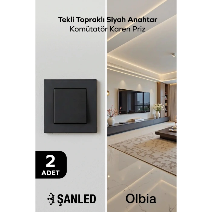 Tekli Topraklı Siyah Anahtar Komütatör Karen Priz 2 Adet