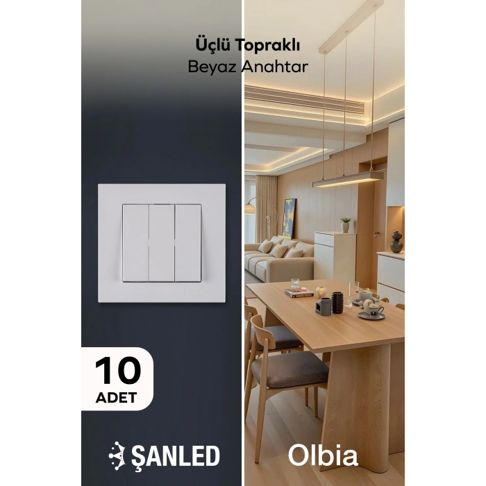 Üçlü Topraklı Beyaz Anahtar Komütatör Karen Priz 10 Adet