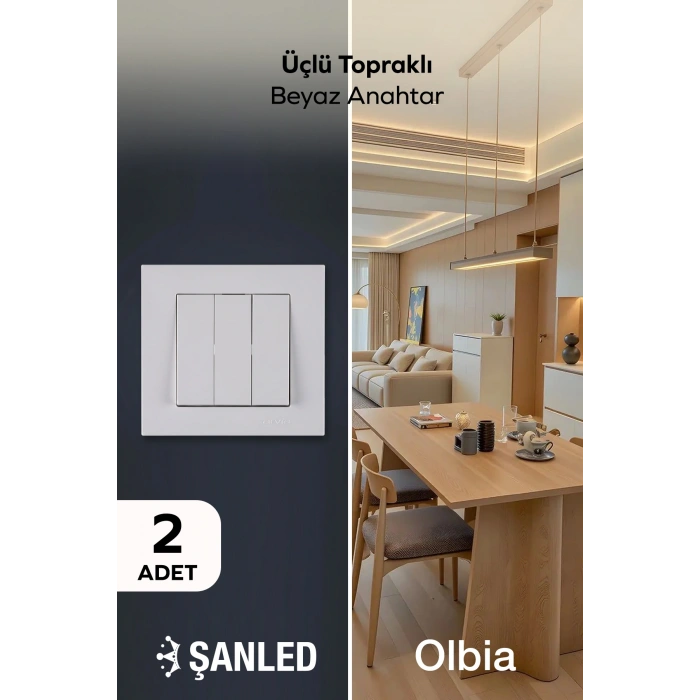 Üçlü Topraklı Beyaz Anahtar Komütatör Karen Priz 2 Adet