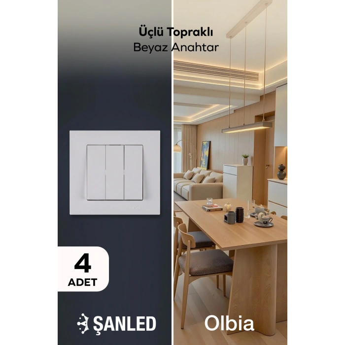 Üçlü Topraklı Beyaz Anahtar Komütatör Karen Priz 4 Adet