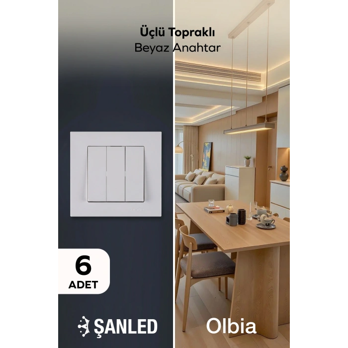Üçlü Topraklı Beyaz Anahtar Komütatör Karen Priz 6 Adet