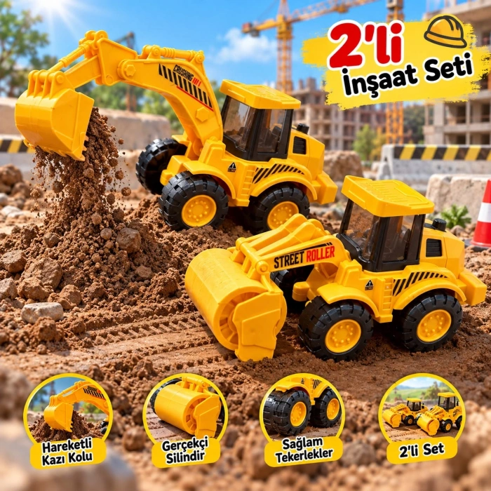 2’li İnşaat Araçları Oyuncak Seti – Ekskavatör & Yol Silindiri