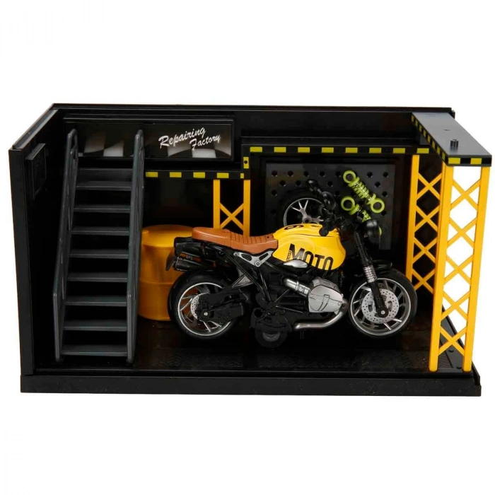 1:12 Sesli ve Işıklı Latte Die Cast Çek Bırak Motosiklet ve Tamir Atölyesi Seti