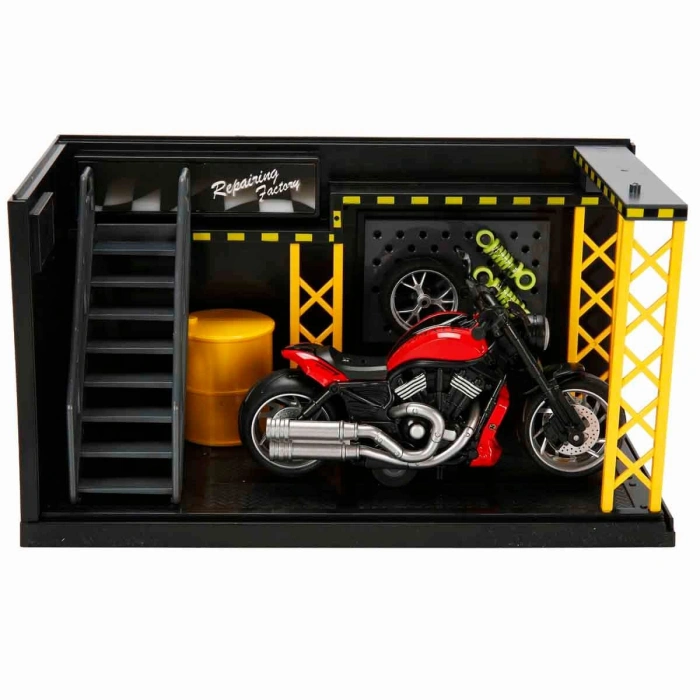 1:12 Sesli ve Işıklı Harley Wolverine Die Cast Çek Bırak Motosiklet ve Tamir Atölyesi Seti