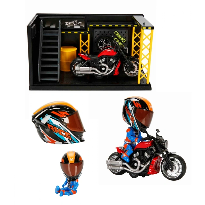 1:12 Sesli ve Işıklı Harley Wolverine Die Cast Çek Bırak Motosiklet ve Tamir Atölyesi Seti