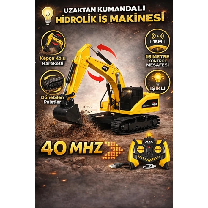 Uzaktan Kumandalı Işıklı Şarjlı 40 Mhz 15 M Kontrol Metal Uçlu Çok Fonksiyonlu Oyuncak Ekskavatör