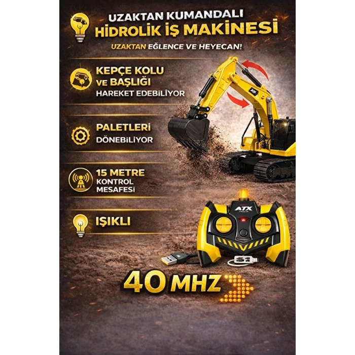 Uzaktan Kumandalı Işıklı Şarjlı 40 Mhz 15 M Kontrol Metal Uçlu Çok Fonksiyonlu Oyuncak Ekskavatör
