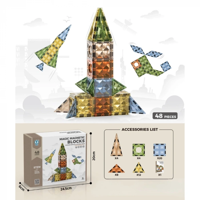 Karton Kutulu Doğal Renkler Magnetic Yapı Blokları 3D Puzzle 48 Parça 6.5 cm