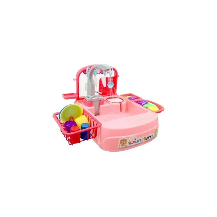 Bulaşık Yıkama Seti - Pilli Su Akıtan Modern Lavabo Pembe