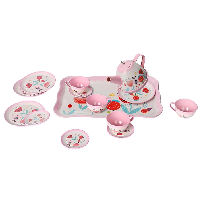 Çiçek Desenli Metal Çay Seti 15 Parça Pembe