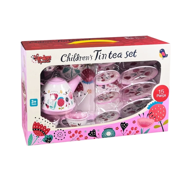 Çiçek Desenli Metal Çay Seti 15 Parça Pembe