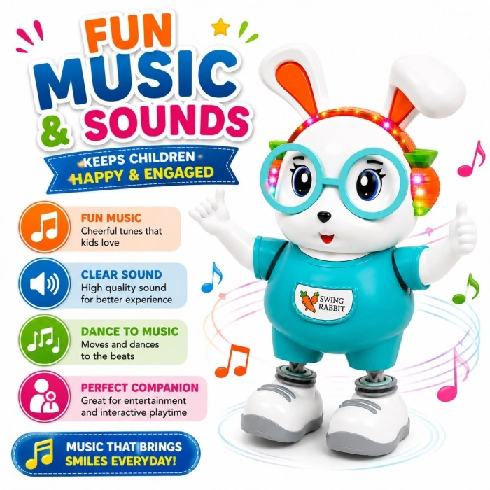 Dans Eden Sevimli Tavşan Robot – 25 cm | Işıklı, Sesli ve Pilli