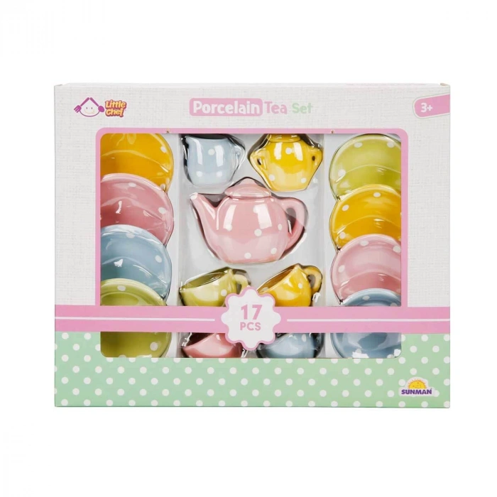 Oyuncak Porselen Çay Takımı 17 Parça Puantiye Desenli