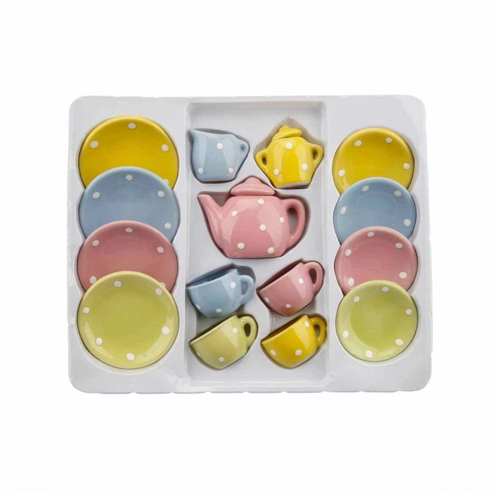 Oyuncak Porselen Çay Takımı 17 Parça Puantiye Desenli