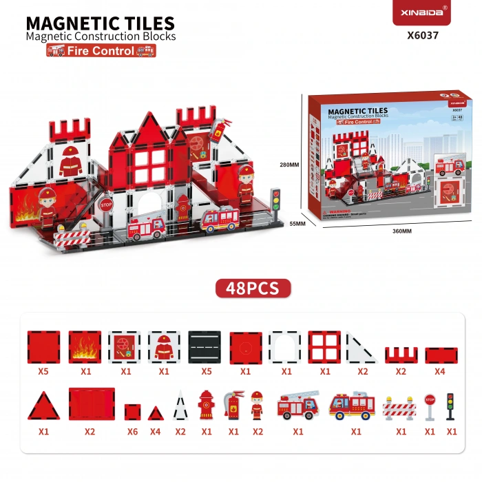 Renkli Manyetik Bloklar Fayans Yapı taşları İtfaiye Serisi Eğitici Oyuncak 48 Parça