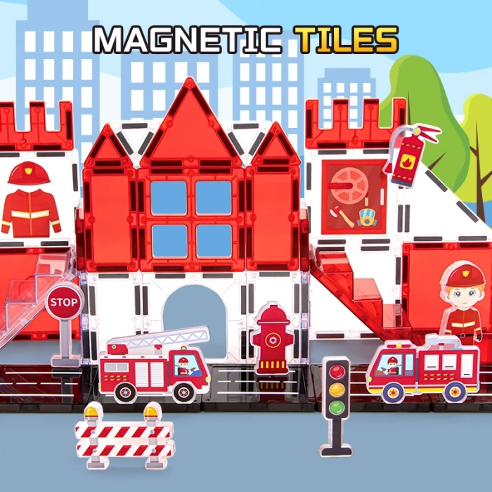 Renkli Manyetik Bloklar Fayans Yapı taşları İtfaiye Serisi Eğitici Oyuncak 48 Parça