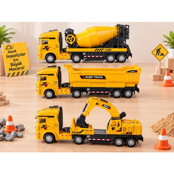 Sürtmeli İş Makinaları Oyuncak 3lü Set – Eğlence ve Macera Bir Arada!