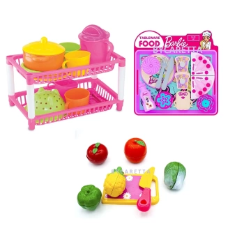 Barbie Pasta Seti + İki Katlı Mutfak Sepeti + Kesilebilir Meyve ve Sebze Seti Evcilik Seti