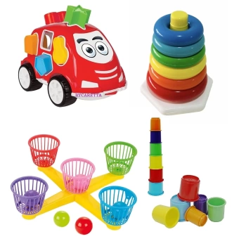 Bultak Araba + Renkli Halkalar +Top Atma Oyunu + Bardak Kule Eğitici ve Zeka Geliştirici Set
