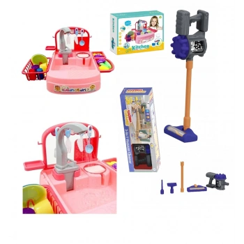 Bulaşık Yıkama Seti - Pilli Su Akıtan Modern Lavabo + Oyuncak Pilli Dikey Süpürge