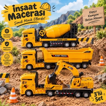 Sürtmeli İş Makinaları Oyuncak 3lü Set – Eğlence ve Macera Bir Arada!